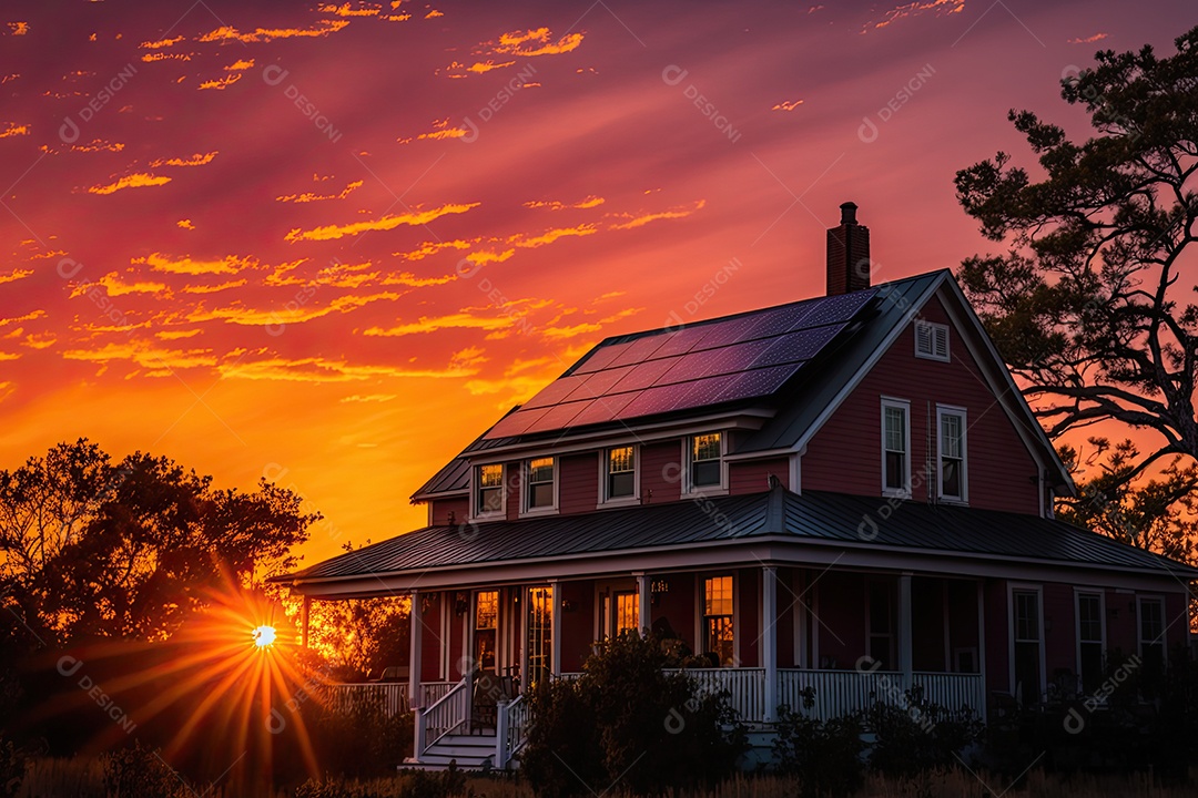 Casa movida a energia solar com chaminé e céu colorido ao pôr do sol em segundo plano