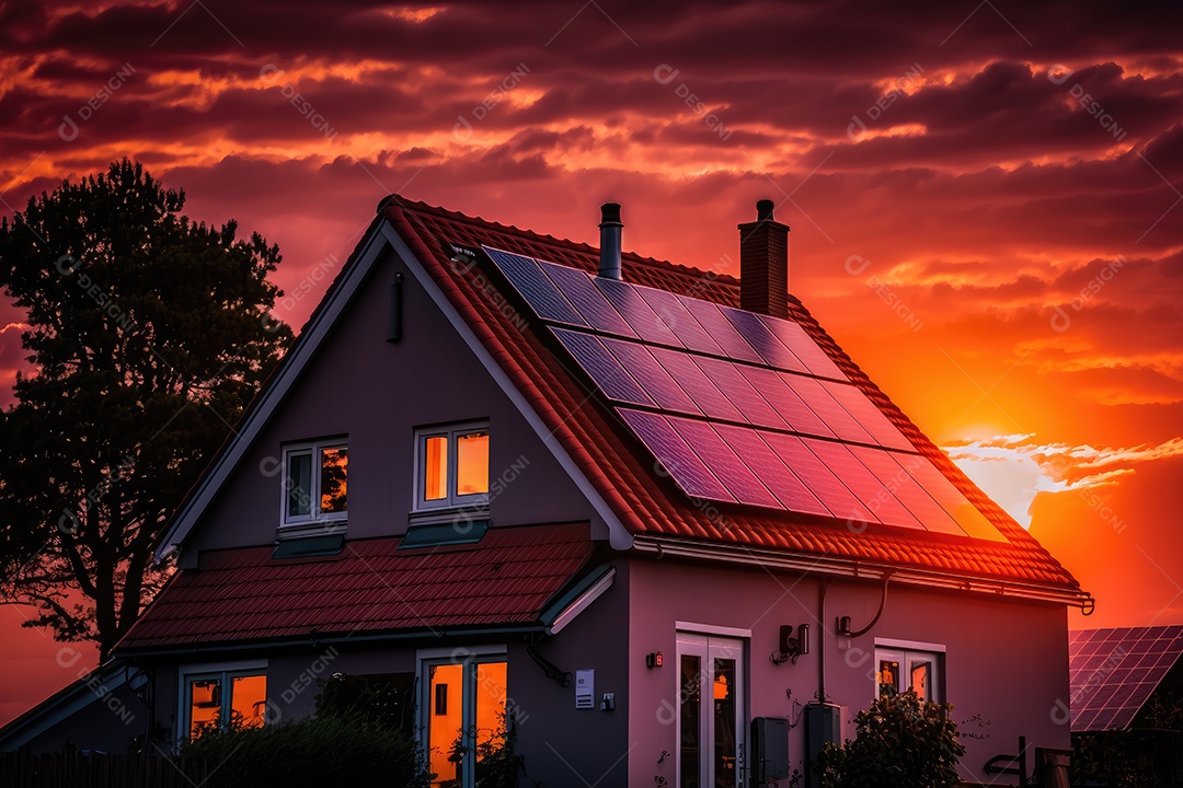 Casa com painéis solares e chaminé banhada pelo deslumbrante pôr do sol