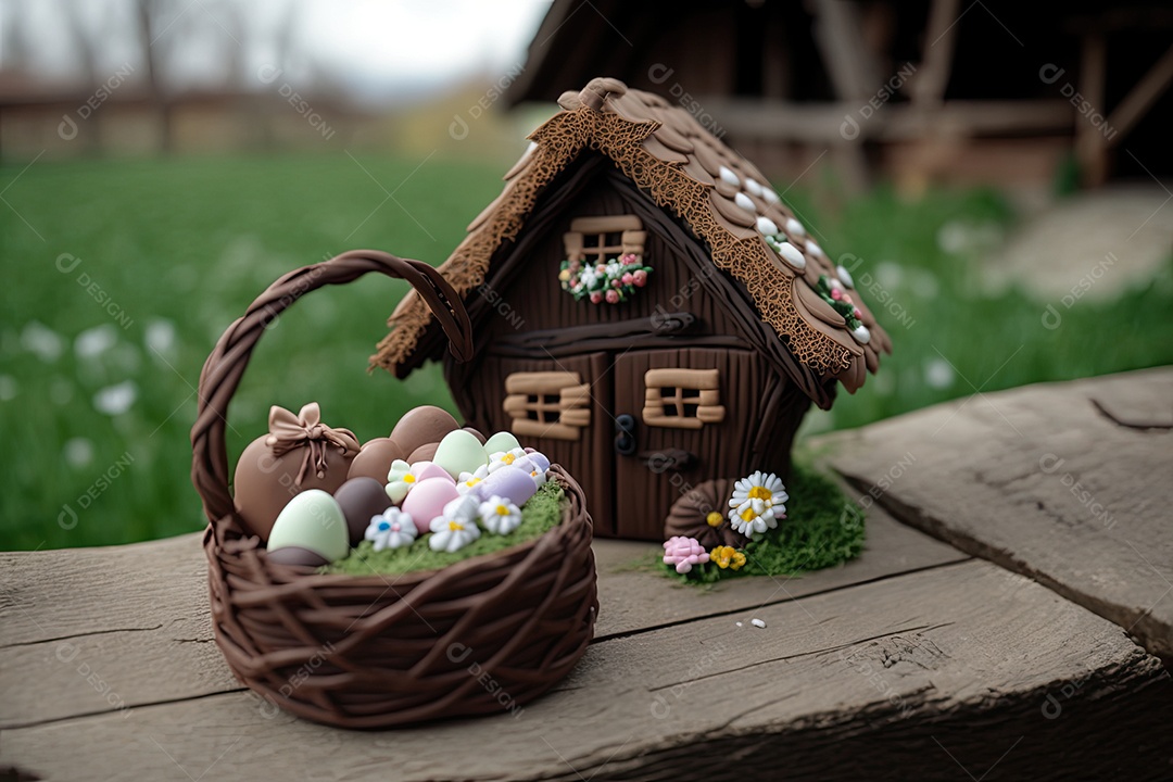 Cesta de Páscoa rústica com ovos de chocolate rodeados por flores