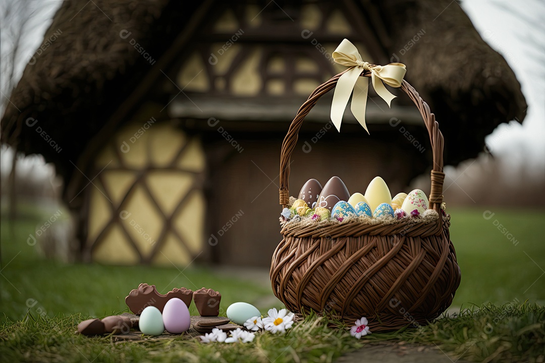 Celebração da Páscoa em ambiente rústico com chocolate