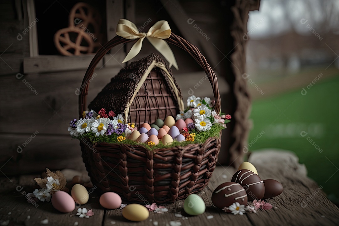 Decoração de Páscoa com ovos de chocolate, flores e cabana de madeira