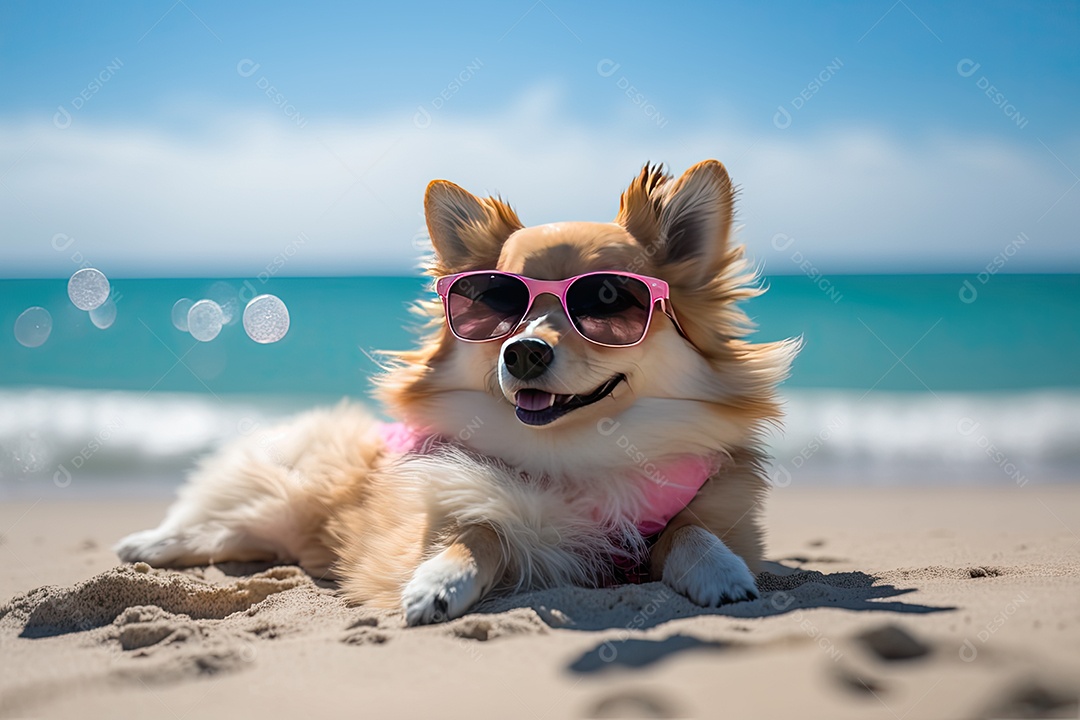 Canino fofo aproveitando o sol e as ondas