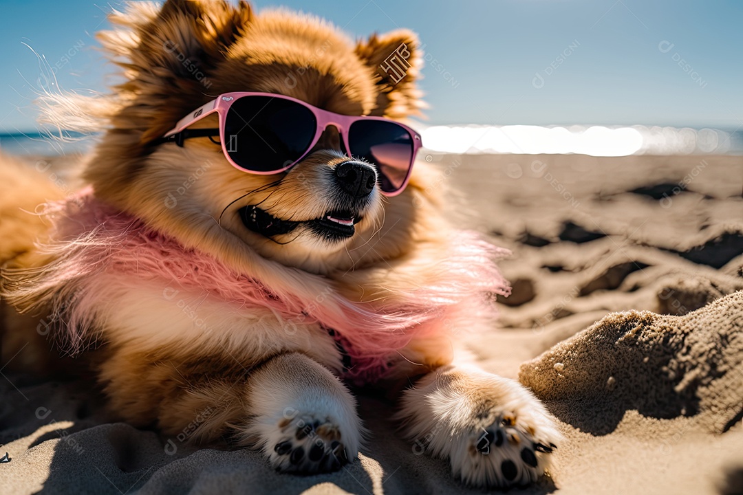 Um cachorro pequeno e fofo está deitado na praia