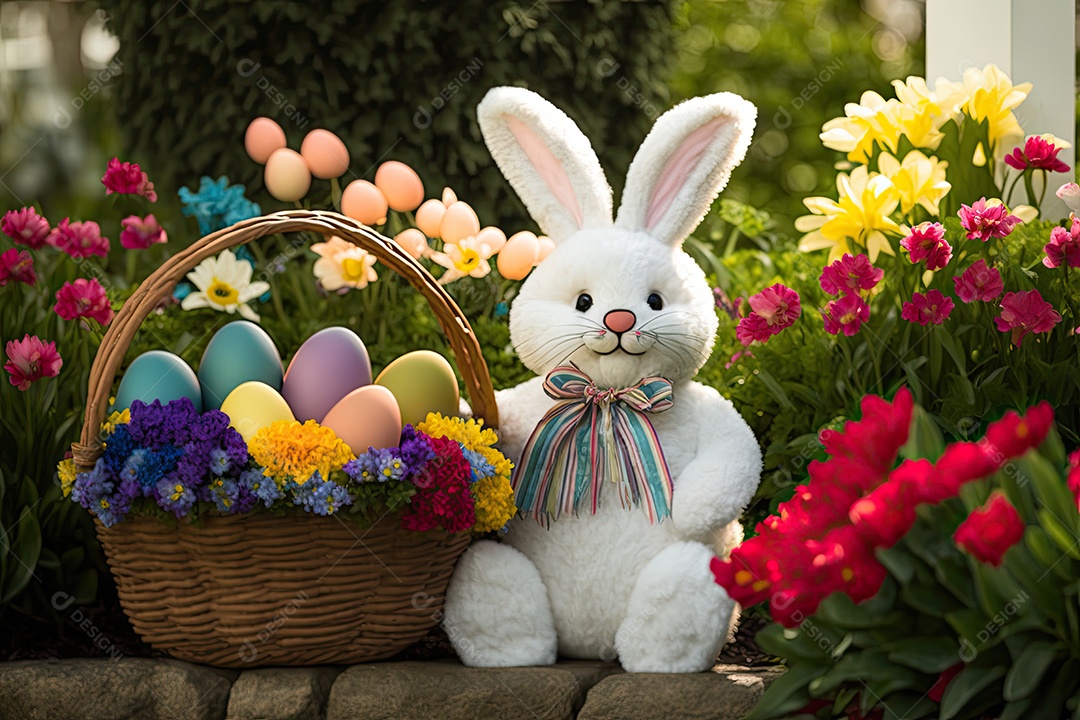 Coelhinho sorridente com cesta de ovos de vime, IA generativa