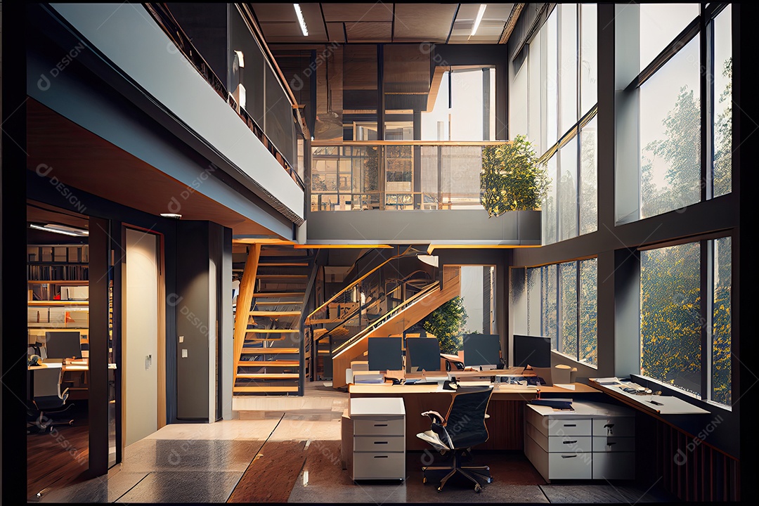 Visualização arquitetônica de um escritório.
