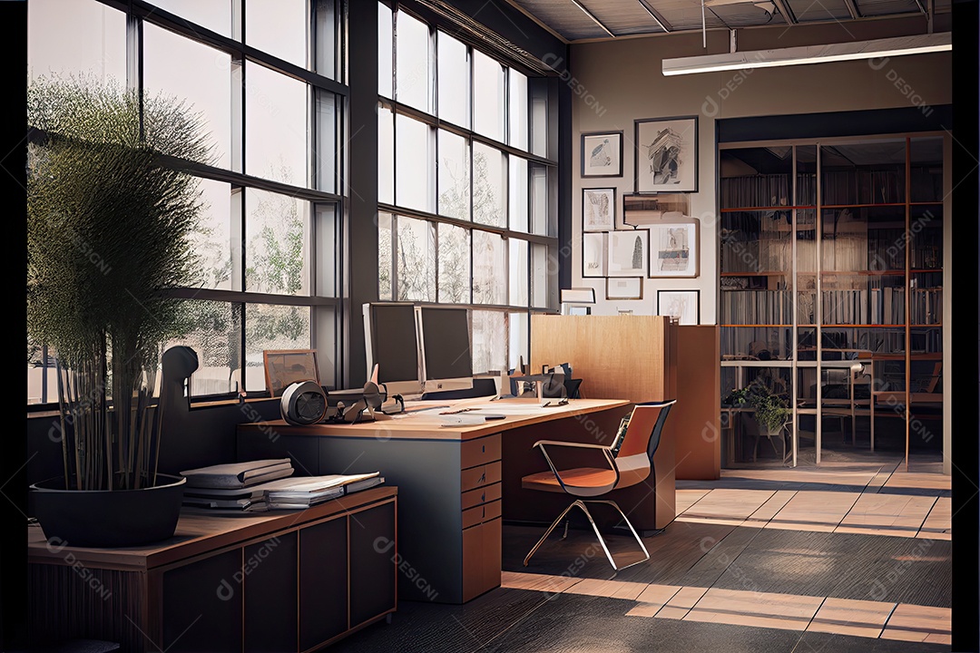 Visualização arquitetônica de um escritório.
