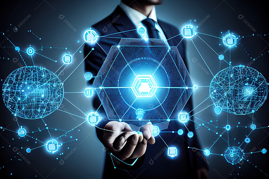 Tecnologia Blockchain e conceito de rede Empresário blockchain na mão com conexão de rede de ícones em segurança azul e fundo de conexão digital.