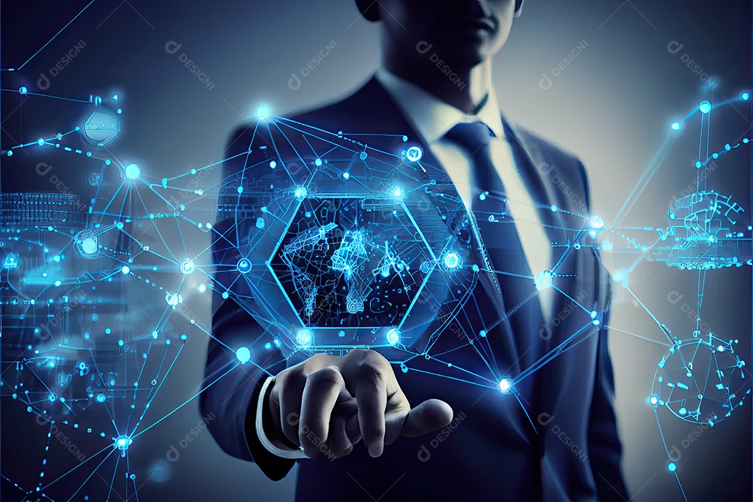 Tecnologia Blockchain e conceito de rede Empresário blockchain na mão com conexão de rede de ícones em segurança azul e fundo de conexão digital.