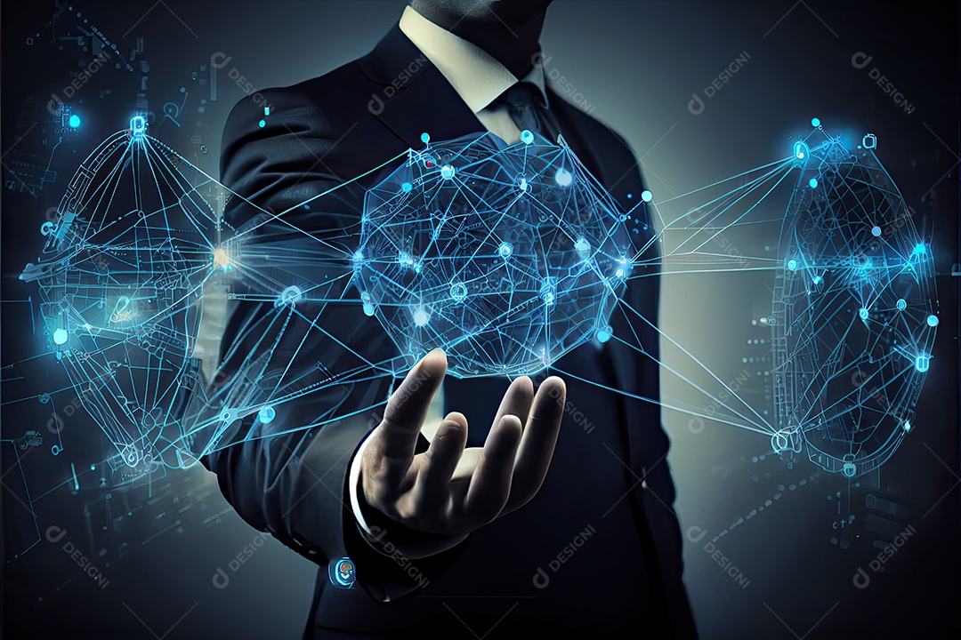 Tecnologia Blockchain e conceito de rede Empresário blockchain na mão com conexão de rede de ícones em segurança azul e fundo de conexão digital.