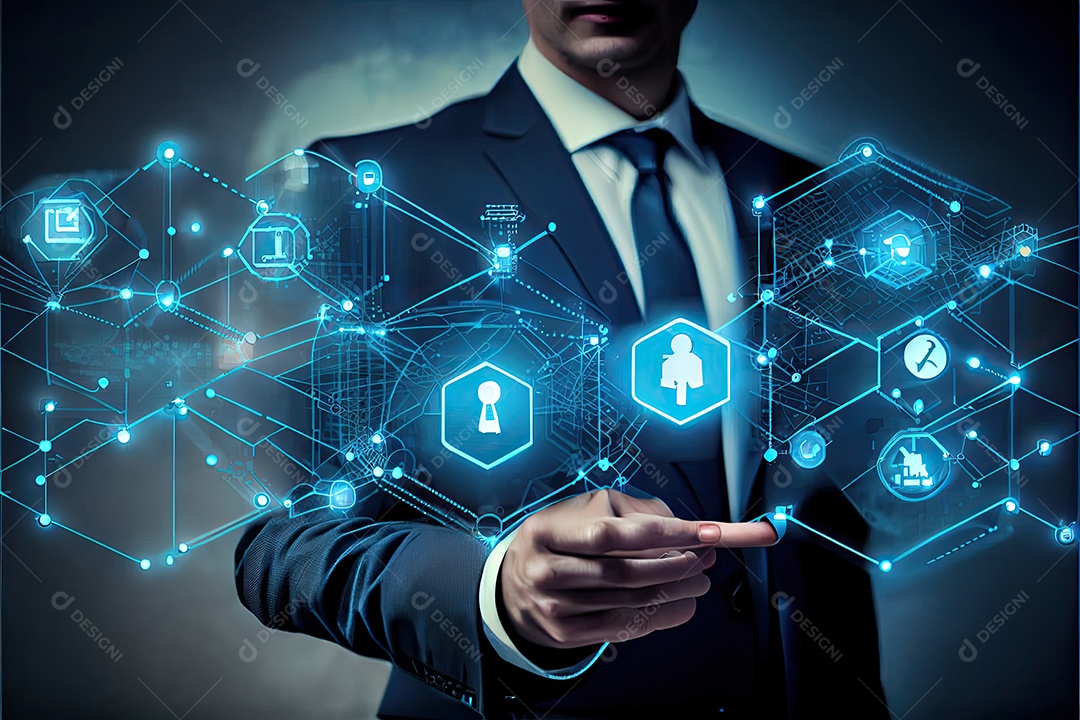 Tecnologia Blockchain e conceito de rede Empresário blockchain na mão com conexão de rede de ícones em segurança azul e fundo de conexão digital.