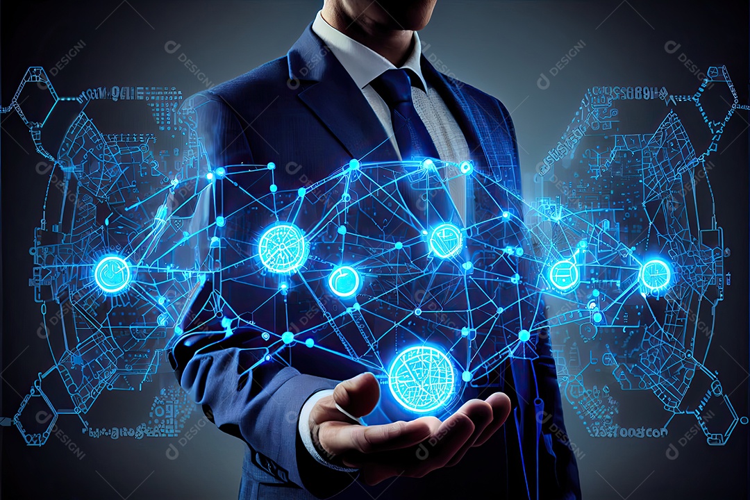 Tecnologia Blockchain e conceito de rede Empresário blockchain na mão com conexão de rede de ícones em segurança azul e fundo de conexão digital.