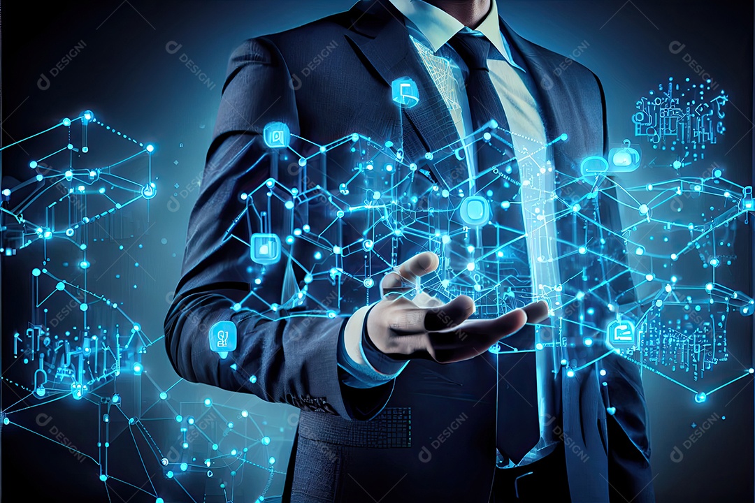 Tecnologia Blockchain e conceito de rede Empresário blockchain na mão com conexão de rede de ícones em segurança azul e fundo de conexão digital.