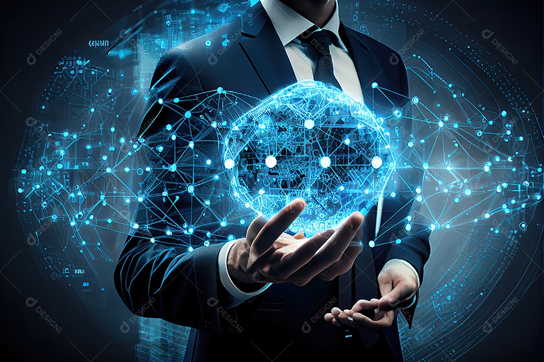 Tecnologia Blockchain e conceito de rede Empresário blockchain na mão com conexão de rede de ícones em segurança azul e fundo de conexão digital.