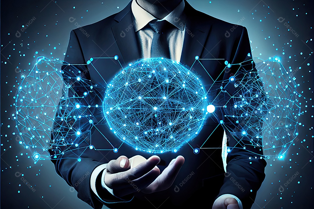 Tecnologia Blockchain e conceito de rede Empresário blockchain na mão com conexão de rede de ícones em segurança azul e fundo de conexão digital.