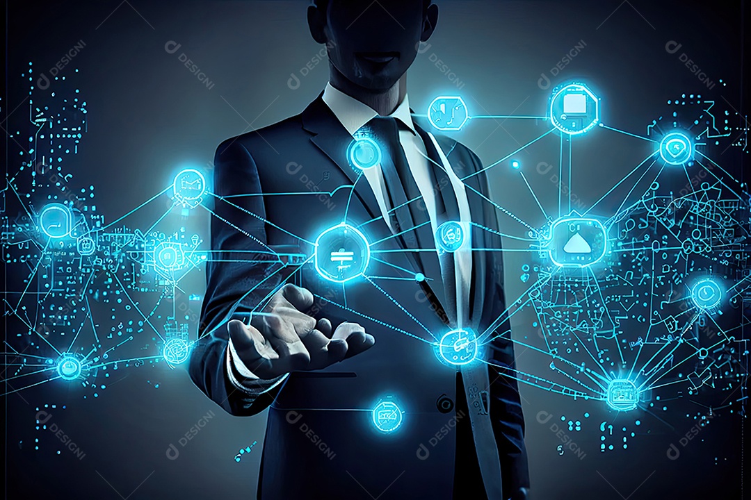 Tecnologia Blockchain e conceito de rede Empresário blockchain na mão com conexão de rede de ícones em segurança azul e fundo de conexão digital.