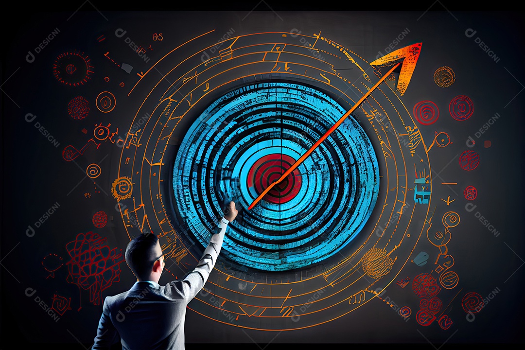 Objetivos e conquistas de negócios e tecnologia Empresário desenha aumento gráfico de setas ano de crescimento futuro corporativo Gráfico de estatísticas de resolução de ano novo receita crescente.