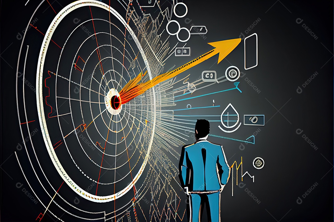 Objetivos e conquistas de negócios e tecnologia Empresário desenha aumento gráfico de setas ano de crescimento futuro corporativo Gráfico de estatísticas de resolução de ano novo receita crescente.