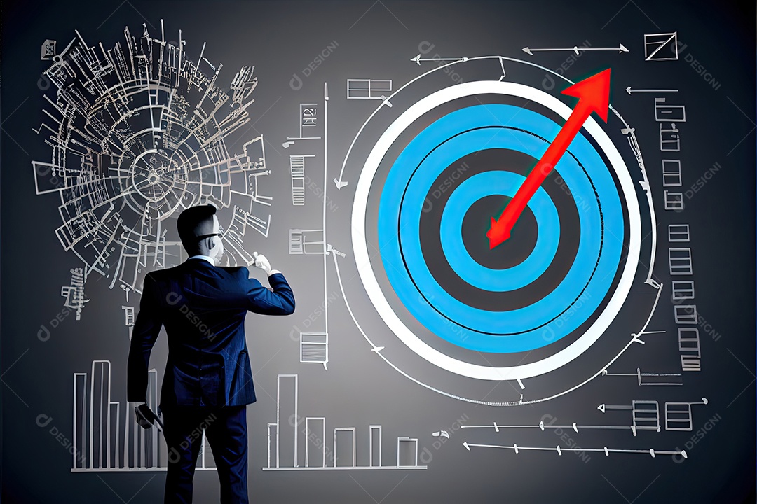 Objetivos e conquistas de negócios e tecnologia Empresário desenha aumento gráfico de setas ano de crescimento futuro corporativo Gráfico de estatísticas de resolução de ano novo receita crescente.