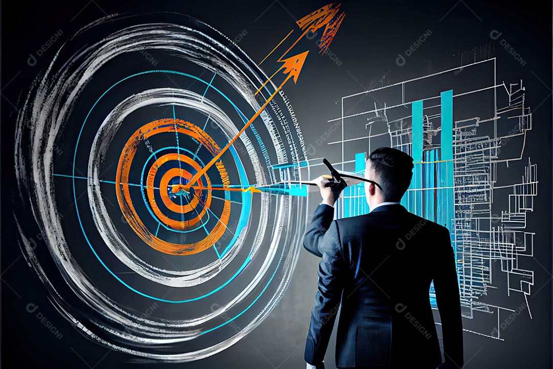 Objetivos e conquistas de negócios e tecnologia Empresário desenha aumento gráfico de setas ano de crescimento futuro corporativo Gráfico de estatísticas de resolução de ano novo receita crescente.
