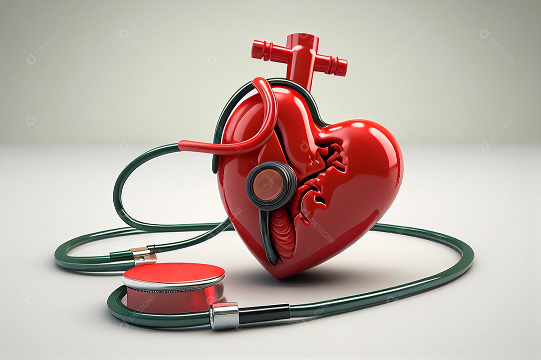 Renderização de ícone 3D de estetoscópio e forma de coração em fundo branco gerado por IA
