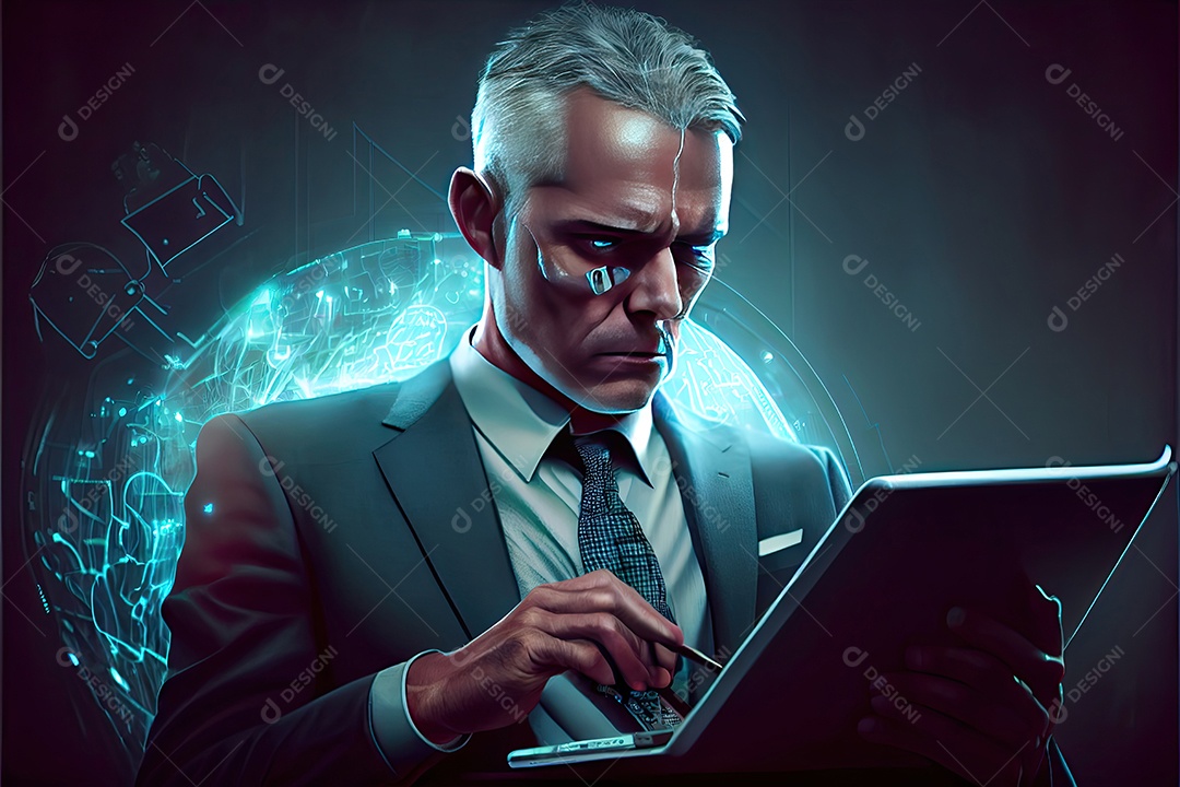 Empresário usando tecnologia.