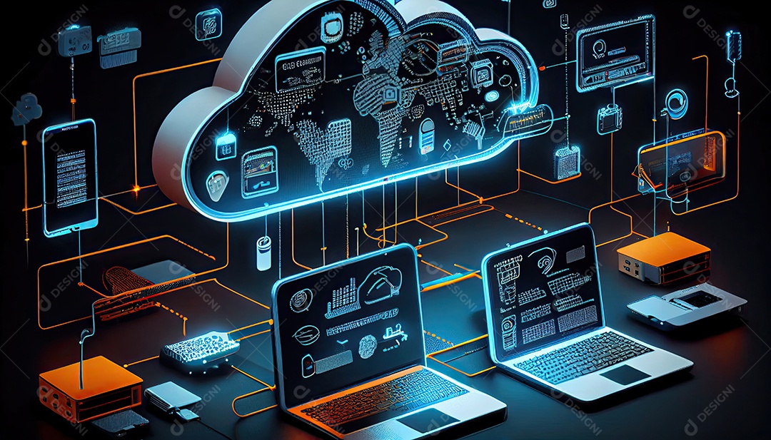 Computação de tecnologia em nuvem Dispositivos conectados ao armazenamento digital no data center via Internet IOT Smart Home Communication laptop tablet phone dispositivos domésticos com um online.