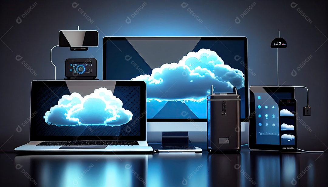 Computação de tecnologia em nuvem Dispositivos conectados ao armazenamento digital no data center via Internet IOT Smart Home Communication laptop tablet phone dispositivos domésticos com um online.