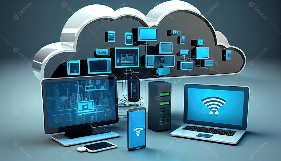 Computação de tecnologia em nuvem Dispositivos conectados ao armazenamento digital no data center via Internet IOT Smart Home Communication laptop tablet phone dispositivos domésticos com um online.