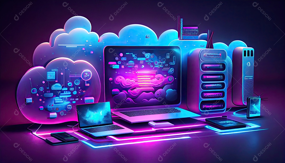 Computação de tecnologia em nuvem Dispositivos conectados ao armazenamento digital no data center via Internet IOT Smart Home Communication laptop tablet phone dispositivos domésticos com um online.