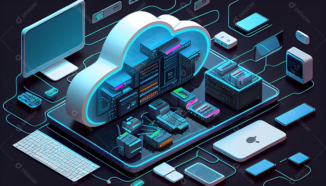 Computação de tecnologia em nuvem Dispositivos conectados ao armazenamento digital no data center via Internet IOT Smart Home Communication laptop tablet phone dispositivos domésticos com um online.