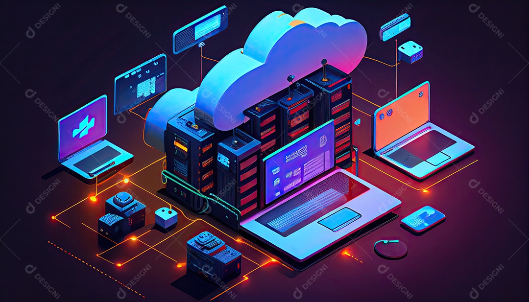 Computação de tecnologia em nuvem Dispositivos conectados ao armazenamento digital no data center via Internet IOT Smart Home Communication laptop tablet phone dispositivos domésticos com um online.