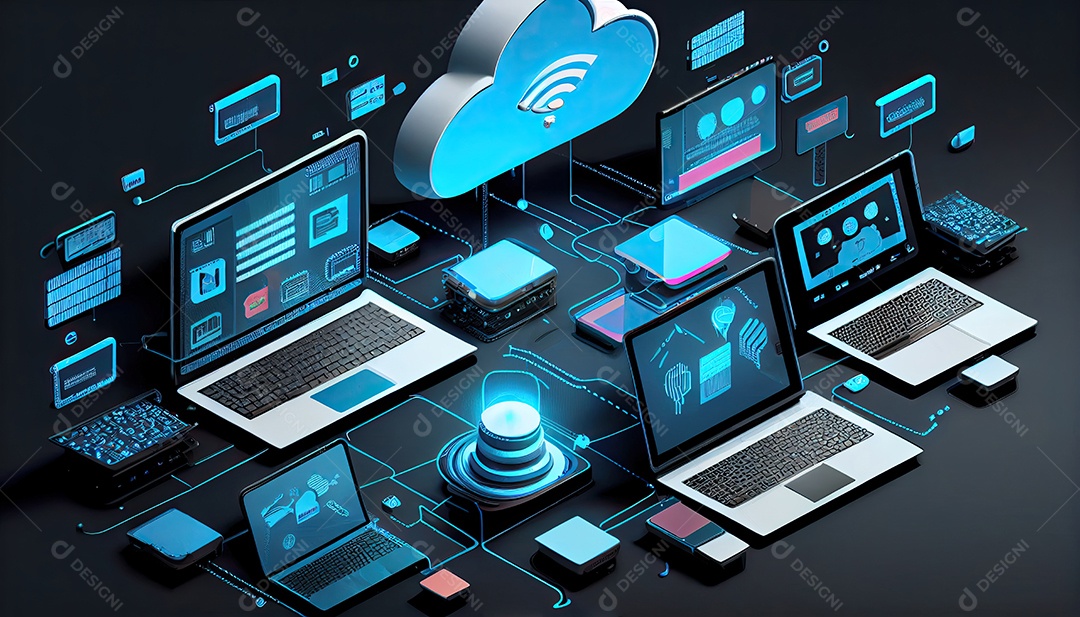 Computação de tecnologia em nuvem Dispositivos conectados ao armazenamento digital no data center via Internet IOT Smart Home Communication laptop tablet phone dispositivos domésticos com um online.