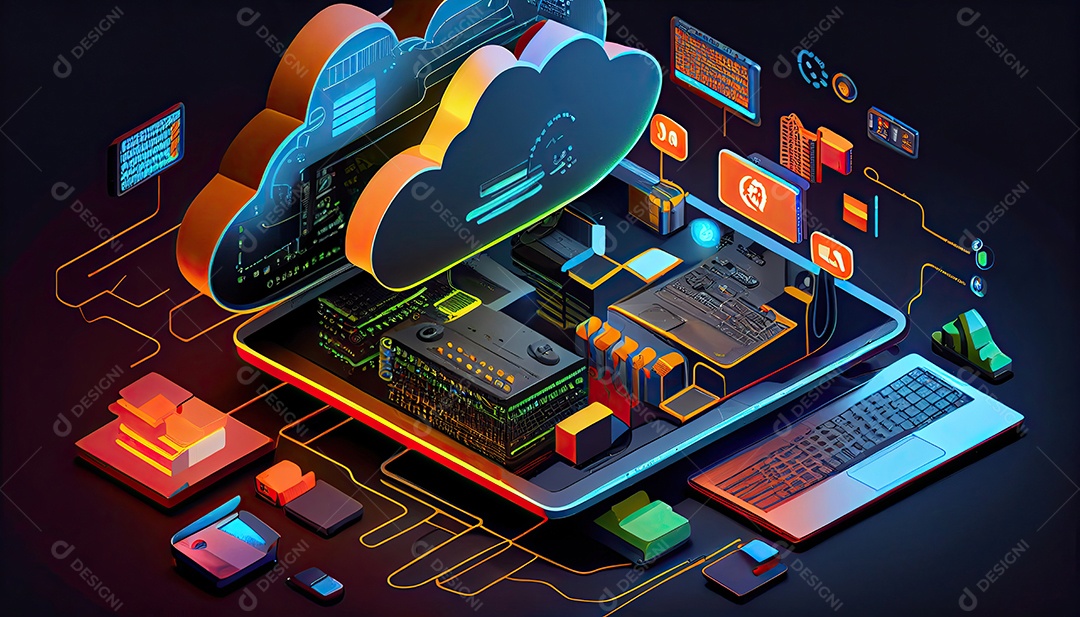 Computação de tecnologia em nuvem Dispositivos conectados ao armazenamento digital no data center via Internet IOT Smart Home Communication laptop tablet phone dispositivos domésticos com um online.