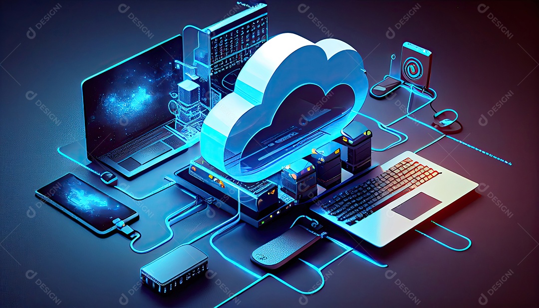 Computação de tecnologia em nuvem Dispositivos conectados ao armazenamento digital no data center via Internet IOT Smart Home Communication laptop tablet phone dispositivos domésticos com um online.