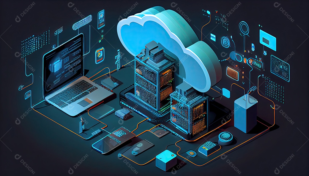 Computação de tecnologia em nuvem Dispositivos conectados ao armazenamento digital no data center via Internet IOT Smart Home Communication laptop tablet phone dispositivos domésticos com um online.