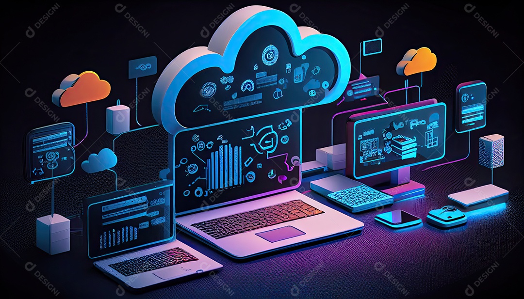 Computação de tecnologia em nuvem Dispositivos conectados ao armazenamento digital no data center via Internet IOT Smart Home Communication laptop tablet phone dispositivos domésticos com um online.