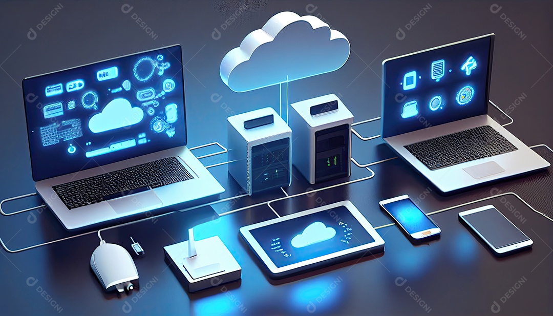 Computação de tecnologia em nuvem Dispositivos conectados ao armazenamento digital no data center via Internet IOT Smart Home Communication laptop tablet phone dispositivos domésticos com um online.