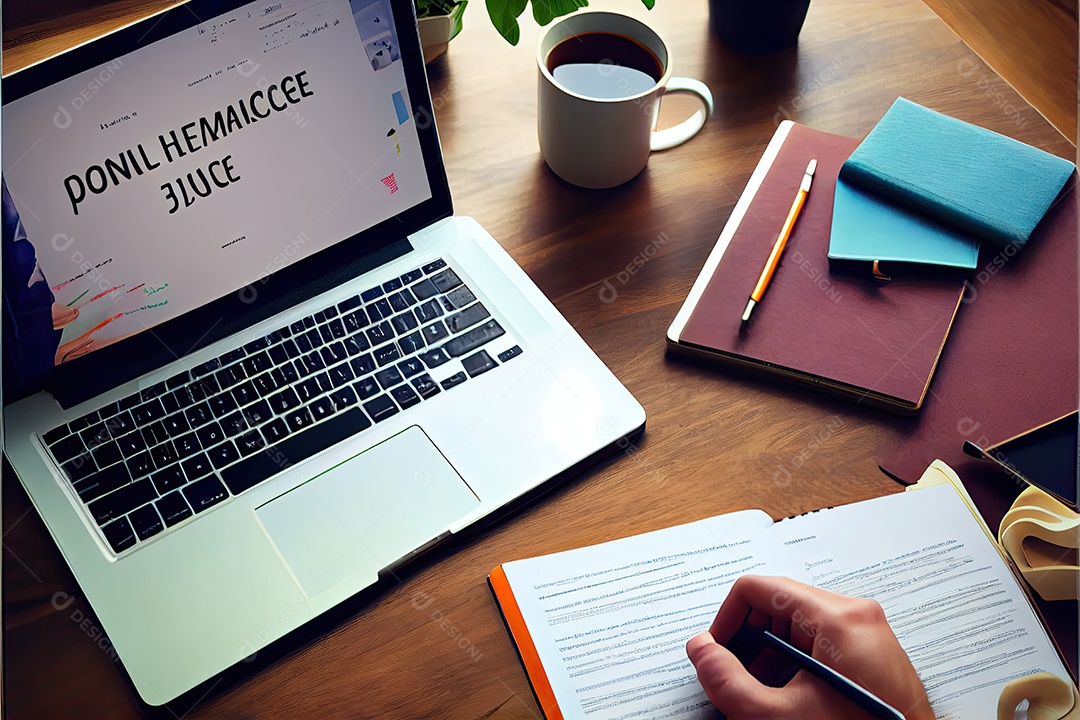 Trabalho à distância, trabalhando no conceito de casa. Mão de homem trabalhando em computador portátil com telefone celular e documento em papel na mesa no escritório doméstico.