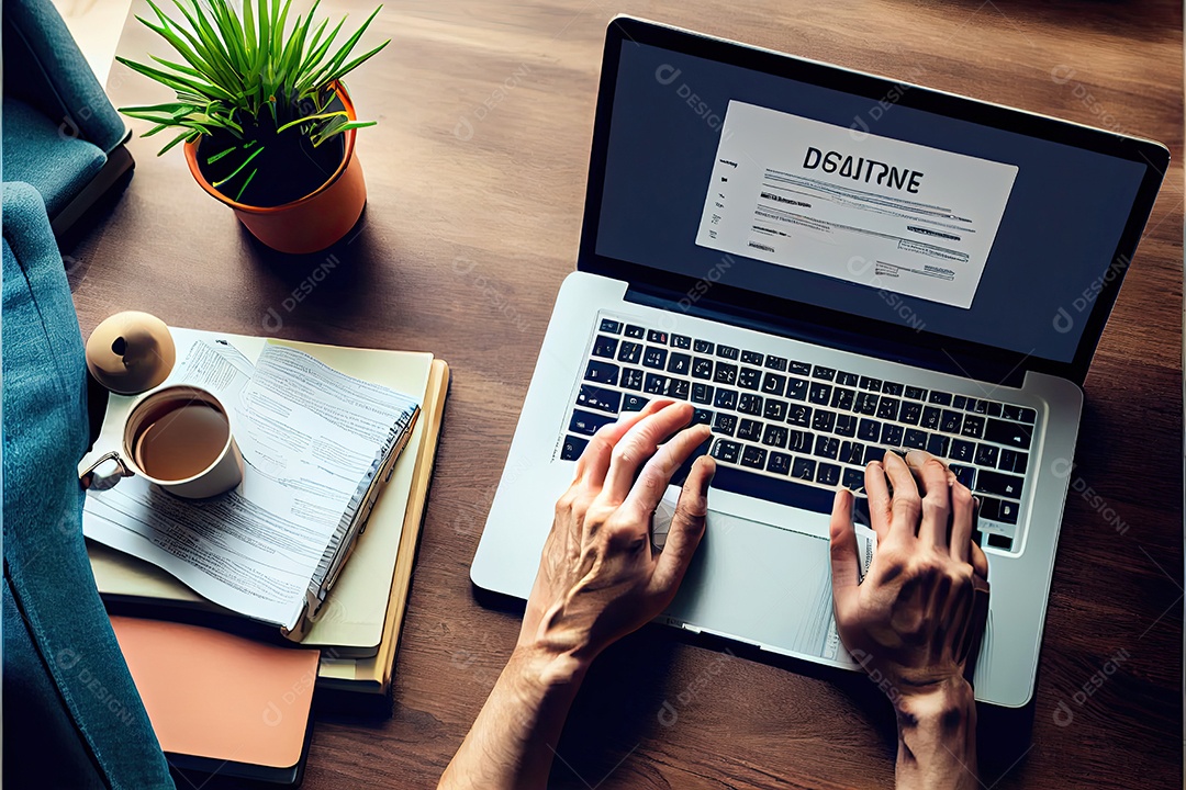 Trabalho à distância, trabalhando no conceito de casa. Mão de homem trabalhando em computador portátil com telefone celular e documento em papel na mesa no escritório doméstico.