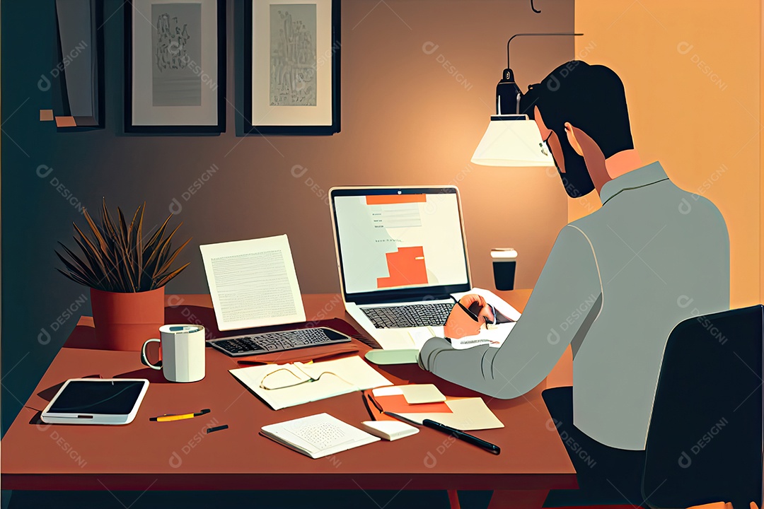 Trabalho à distância, trabalhando no conceito de casa. Mão de homem trabalhando em computador portátil com telefone celular e documento em papel na mesa no escritório doméstico.