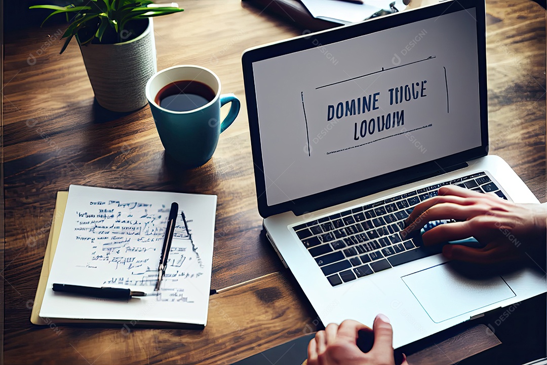 Trabalho à distância, trabalhando no conceito de casa. Mão de homem trabalhando em computador portátil com telefone celular e documento em papel na mesa no escritório doméstico.