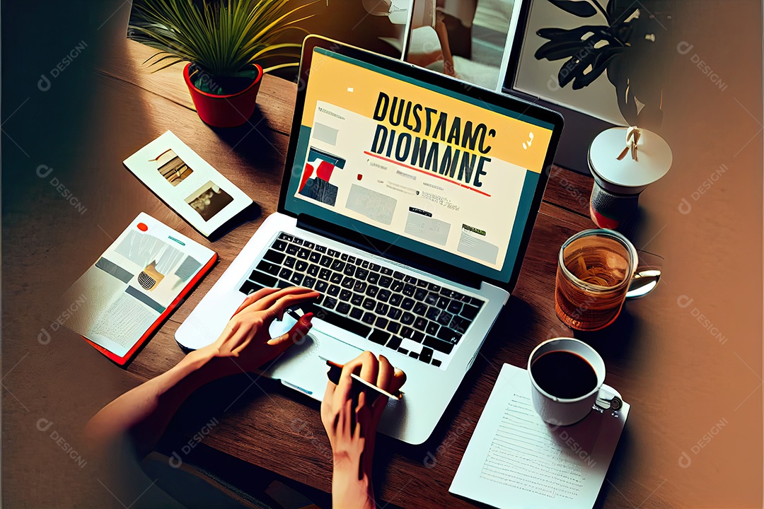Trabalho à distância, trabalhando no conceito de casa. Mão de homem trabalhando em computador portátil com telefone celular e documento em papel na mesa no escritório doméstico.