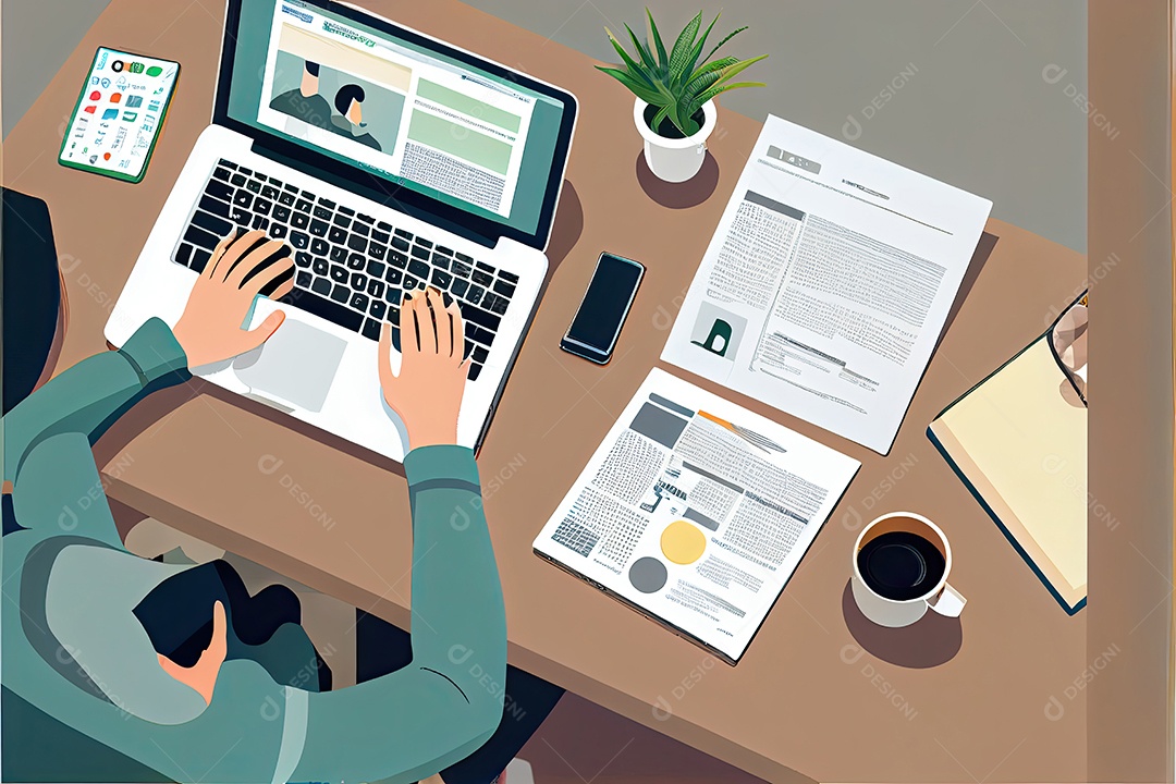 Trabalho à distância, trabalhando no conceito de casa. Mão de homem trabalhando em computador portátil com telefone celular e documento em papel na mesa no escritório doméstico.