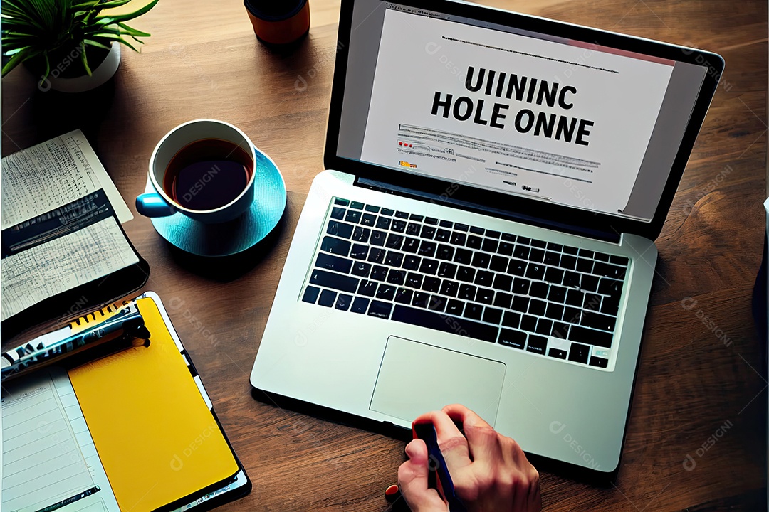 Trabalho à distância, trabalhando no conceito de casa. Mão de homem trabalhando em computador portátil com telefone celular e documento em papel na mesa no escritório doméstico.