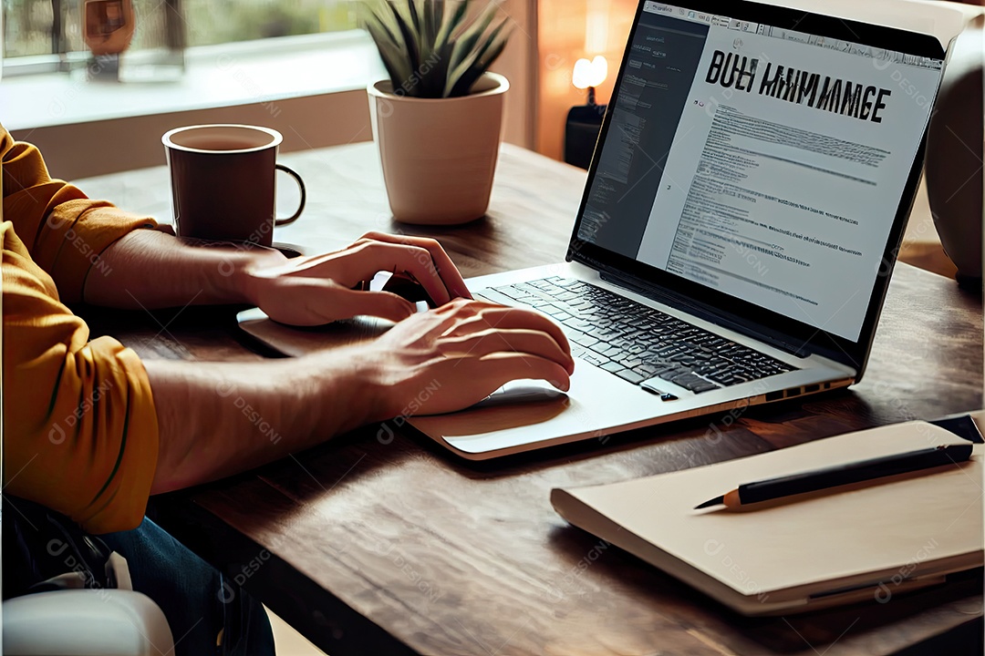 Trabalho à distância, trabalhando no conceito de casa. Mão de homem trabalhando em computador portátil com telefone celular e documento em papel na mesa no escritório doméstico.