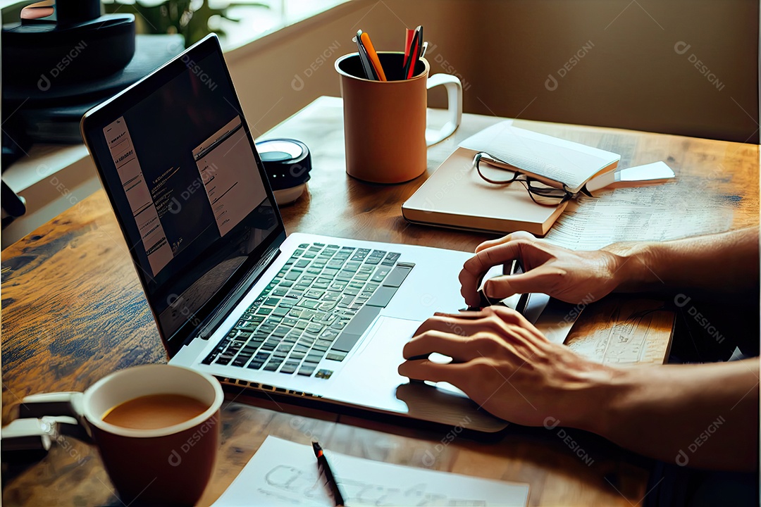 Trabalho à distância, trabalhando no conceito de casa. Mão de homem trabalhando em computador portátil com telefone celular e documento em papel na mesa no escritório doméstico.
