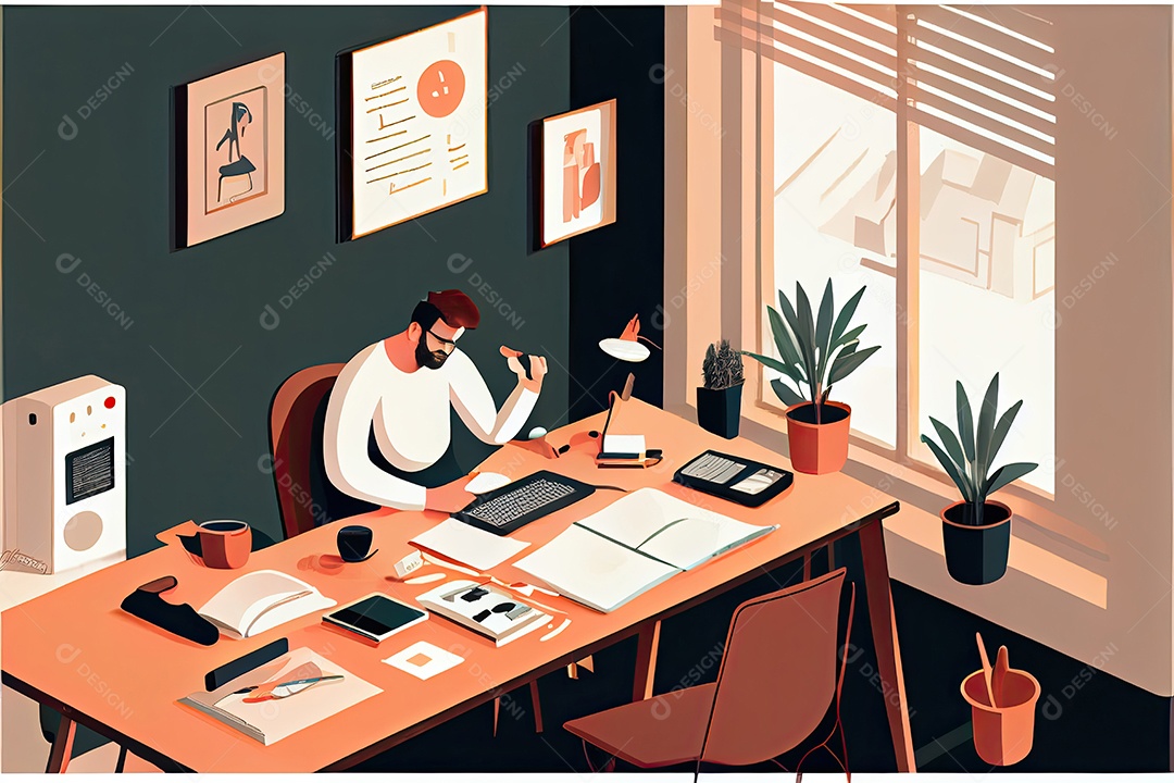 Trabalho à distância, trabalhando no conceito de casa. Mão de homem trabalhando em computador portátil com telefone celular e documento em papel na mesa no escritório doméstico.