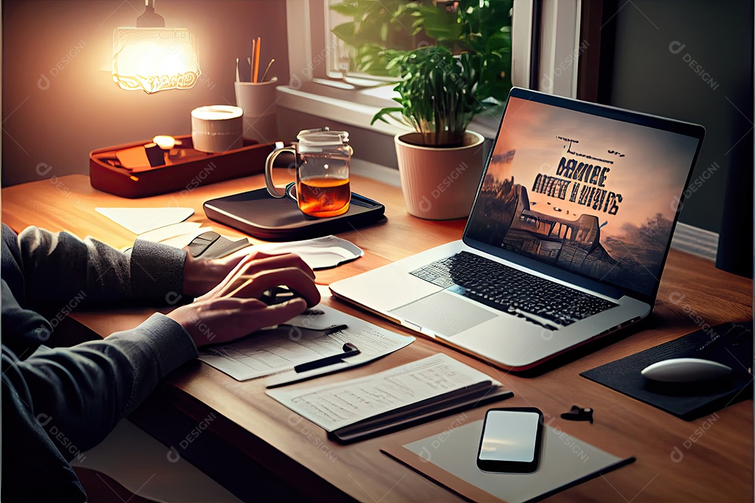 Trabalho à distância, trabalhando no conceito de casa. Mão de homem trabalhando em computador portátil com telefone celular e documento em papel na mesa no escritório doméstico.