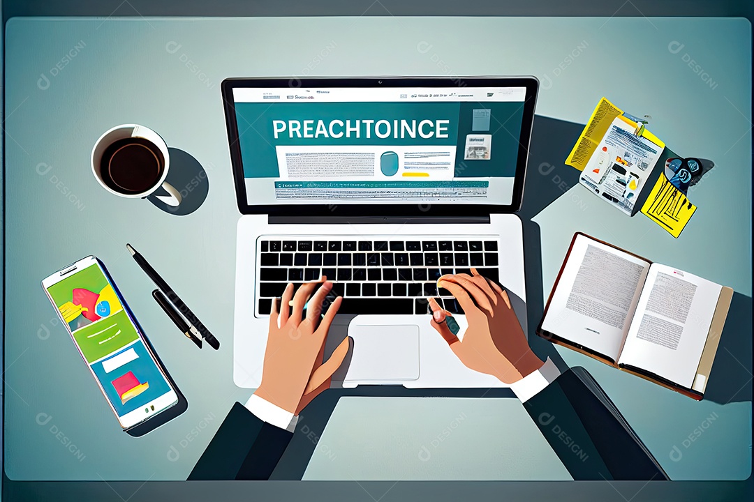 Trabalho à distância, trabalhando no conceito de casa. Mão de homem trabalhando em computador portátil com telefone celular e documento em papel na mesa no escritório doméstico.