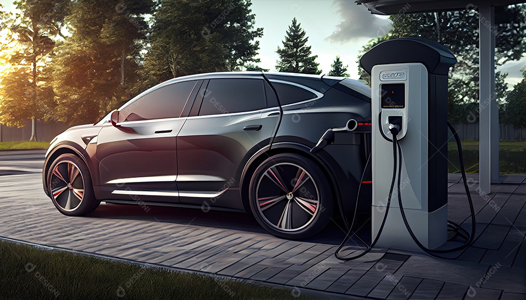 Carro elétrico EV conectado carregando na estação autônoma.